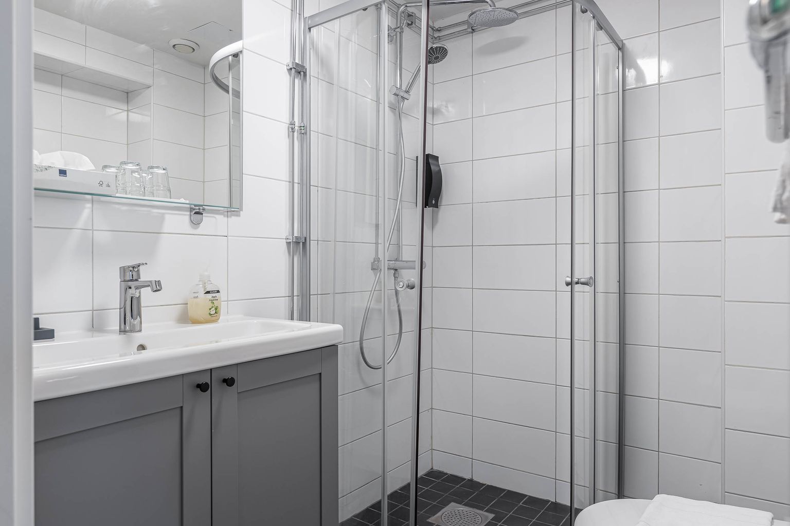 Bathroom for a triple room at Hotel Arkad in Västerås with a shower, sink and mirror.